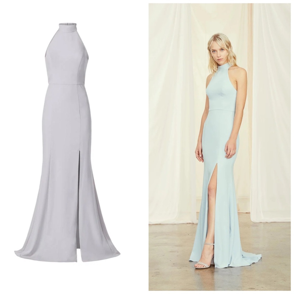 Amsale‎ Cora Dress Bridesmaids Size 2 Platinum Halter Maxi Slit Sleeveless